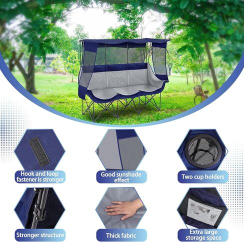 3 Person Camping Chair with Canopy Shade Folding Outdoor Oversized Camping Chair for 2-3 Person, Sturdy Loveseat Couch with Cup Holder and Carry Bag for Lawn Camp Beach Sports in Kuwait