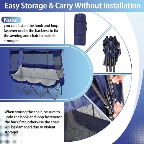3 Person Camping Chair with Canopy Shade Folding Outdoor Oversized Camping Chair for 2-3 Person, Sturdy Loveseat Couch with Cup Holder and Carry Bag for Lawn Camp Beach Sports in Kuwait