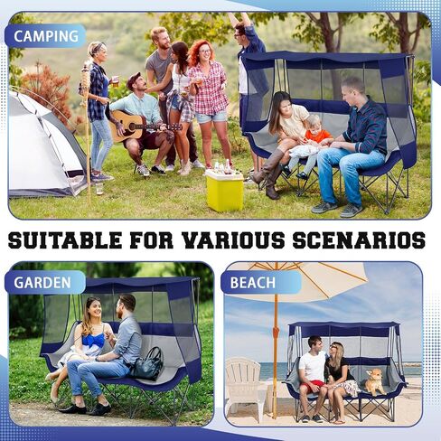 3 Person Camping Chair with Canopy Shade Folding Outdoor Oversized Camping Chair for 2-3 Person, Sturdy Loveseat Couch with Cup Holder and Carry Bag for Lawn Camp Beach Sports in Kuwait