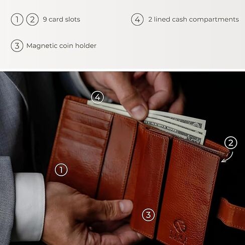 محفظة جلدية للرجال مقاومة للوقت - تصميم محفظة بسيط مع حامل بطاقة الائتمان، حامل عملات مغناطيسية، فتحات للنقود - مؤمنة بزر إغلاق معدني in Kuwait