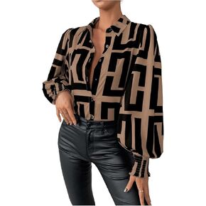 SweatyRocks Women's Graphic Print Long Lantern Sleeve Collar Neck Button Front Blouse Shirt Top in Kuwait