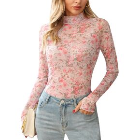 Ugerlov Womens Lace Long Sleeve Mesh Top Floral Mock Neck Rece من خلال الخروج من أعلى مع قمصان الحفرة الإبهام in Kuwait