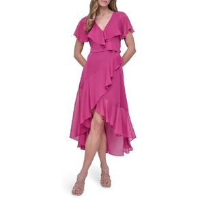 DKNY Women's Short Flutter Sleeve V-Neck High Low Hem Ruffle Dress in Kuwait