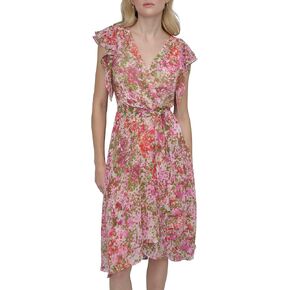 DKNY Women's Short Flutter Sleeve Surplice Neck Removable Belt Faux Wrap Dress in Kuwait