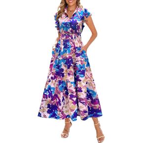 Kranda 2025 Women Summer Fall Self-tie V Neck High Waist Ruffle Cap Sleeve Flowy Tiered Long Floral Maxi Dress with Pockets in Kuwait