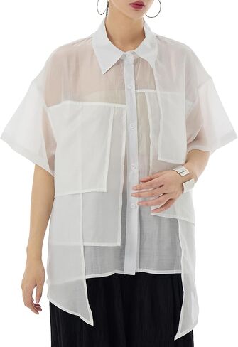 ellazhu Women's Shirt Button Down Short Sleeve See Through Lapel Patchwork Solid Color Sheer Loose Summer GE14 in Kuwait