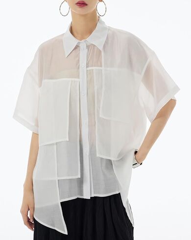 ellazhu Women's Shirt Button Down Short Sleeve See Through Lapel Patchwork Solid Color Sheer Loose Summer GE14 in Kuwait