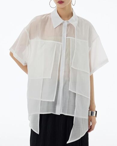 ellazhu Women's Shirt Button Down Short Sleeve See Through Lapel Patchwork Solid Color Sheer Loose Summer GE14 in Kuwait
