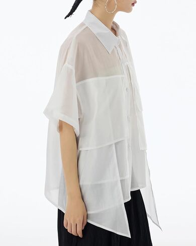 ellazhu Women's Shirt Button Down Short Sleeve See Through Lapel Patchwork Solid Color Sheer Loose Summer GE14 in Kuwait
