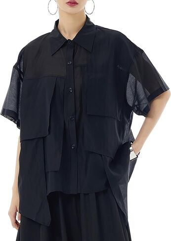 ellazhu Women's Shirt Button Down Short Sleeve See Through Lapel Patchwork Solid Color Sheer Loose Summer GE14 in Kuwait