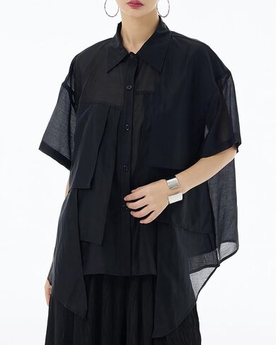 ellazhu Women's Shirt Button Down Short Sleeve See Through Lapel Patchwork Solid Color Sheer Loose Summer GE14 in Kuwait