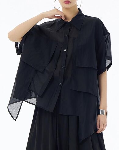 ellazhu Women's Shirt Button Down Short Sleeve See Through Lapel Patchwork Solid Color Sheer Loose Summer GE14 in Kuwait