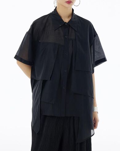 ellazhu Women's Shirt Button Down Short Sleeve See Through Lapel Patchwork Solid Color Sheer Loose Summer GE14 in Kuwait