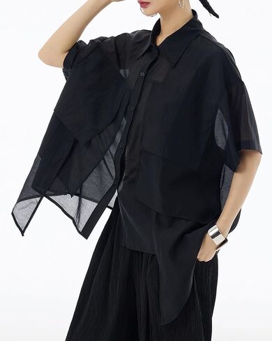ellazhu Women's Shirt Button Down Short Sleeve See Through Lapel Patchwork Solid Color Sheer Loose Summer GE14 in Kuwait