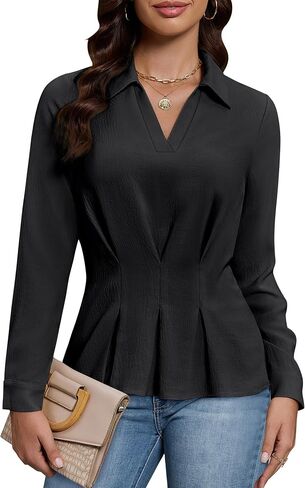 بلومينج جيلي و النساة peplum الأعمال غير الرسمية العمل الأنيق العمل ضد بلوزات رقبة طويلة الأكمام ذات الأكمام الطويلة ذات القمصان البوليو in Kuwait