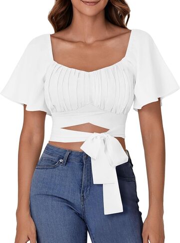 ROOSCIER RUCHED RUCHED RUCK FLARE FLARE قصيرة الأكمام مربعة الرقبة ذاتية التعادل العليا بلوزة in Kuwait