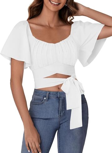 ROOSCIER RUCHED RUCHED RUCK FLARE FLARE قصيرة الأكمام مربعة الرقبة ذاتية التعادل العليا بلوزة in Kuwait