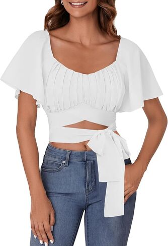 ROOSCIER RUCHED RUCHED RUCK FLARE FLARE قصيرة الأكمام مربعة الرقبة ذاتية التعادل العليا بلوزة in Kuwait