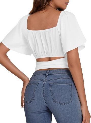ROOSCIER RUCHED RUCHED RUCK FLARE FLARE قصيرة الأكمام مربعة الرقبة ذاتية التعادل العليا بلوزة in Kuwait