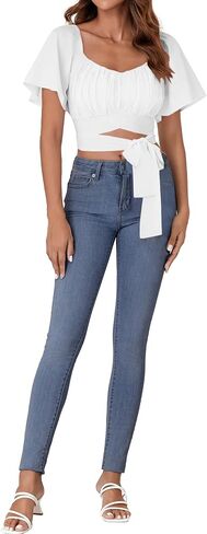 ROOSCIER RUCHED RUCHED RUCK FLARE FLARE قصيرة الأكمام مربعة الرقبة ذاتية التعادل العليا بلوزة in Kuwait