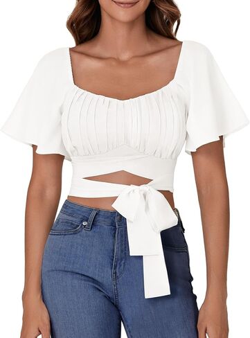 ROOSCIER RUCHED RUCHED RUCK FLARE FLARE قصيرة الأكمام مربعة الرقبة ذاتية التعادل العليا بلوزة in Kuwait