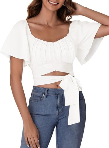 ROOSCIER RUCHED RUCHED RUCK FLARE FLARE قصيرة الأكمام مربعة الرقبة ذاتية التعادل العليا بلوزة in Kuwait