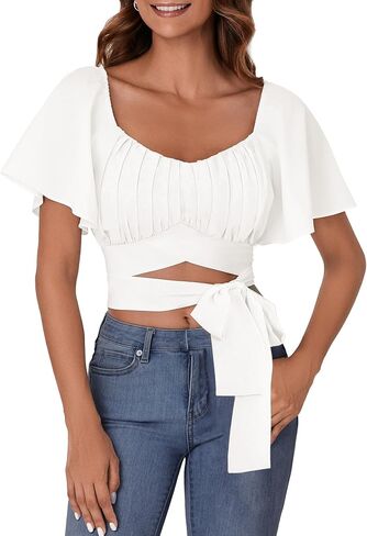 ROOSCIER RUCHED RUCHED RUCK FLARE FLARE قصيرة الأكمام مربعة الرقبة ذاتية التعادل العليا بلوزة in Kuwait