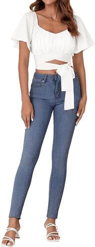 ROOSCIER RUCHED RUCHED RUCK FLARE FLARE قصيرة الأكمام مربعة الرقبة ذاتية التعادل العليا بلوزة in Kuwait