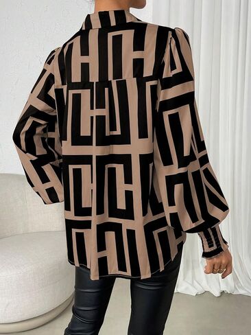 SweatyRocks Women's Graphic Print Long Lantern Sleeve Collar Neck Button Front Blouse Shirt Top in Kuwait