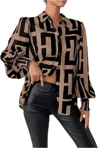 SweatyRocks Women's Graphic Print Long Lantern Sleeve Collar Neck Button Front Blouse Shirt Top in Kuwait