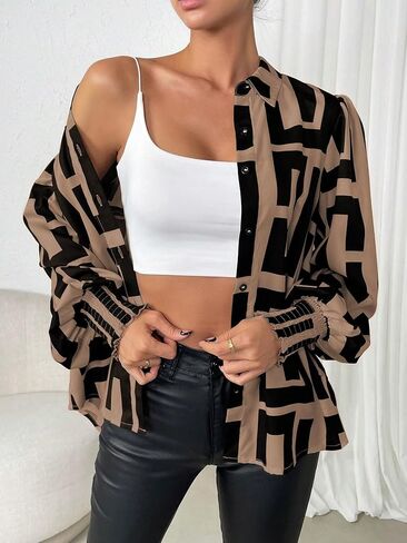 SweatyRocks Women's Graphic Print Long Lantern Sleeve Collar Neck Button Front Blouse Shirt Top in Kuwait