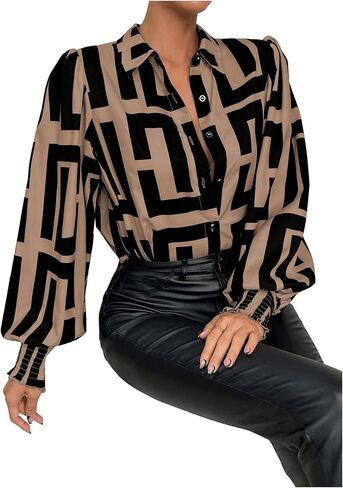 SweatyRocks Women's Graphic Print Long Lantern Sleeve Collar Neck Button Front Blouse Shirt Top in Kuwait
