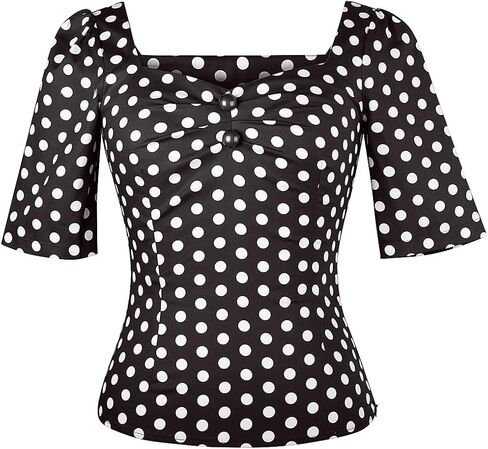 YARN & INK Women's 1950s Pinup Tops, Rockabilly Vintage Blouse Medium Sleeves Sweetheart V-Neck Shirt in Kuwait