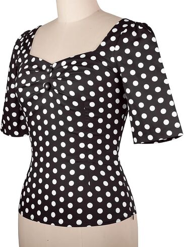 YARN & INK Women's 1950s Pinup Tops, Rockabilly Vintage Blouse Medium Sleeves Sweetheart V-Neck Shirt in Kuwait