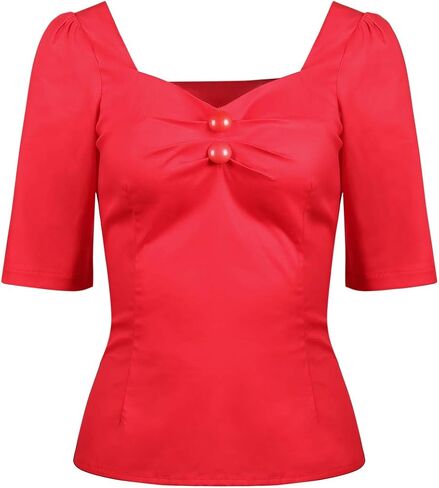 YARN & INK Women's 1950s Pinup Tops, Rockabilly Vintage Blouse Medium Sleeves Sweetheart V-Neck Shirt in Kuwait
