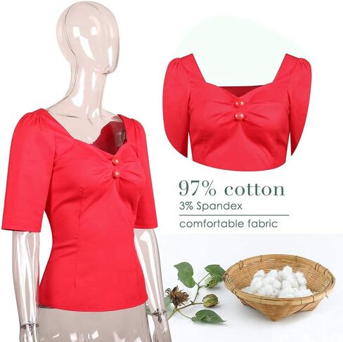 YARN & INK Women's 1950s Pinup Tops, Rockabilly Vintage Blouse Medium Sleeves Sweetheart V-Neck Shirt in Kuwait