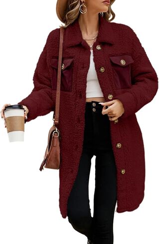 EVALESS Trendy Fuzzy Fleece Jackets for Women Comfy Long Teddy Coat Fall 2024 Long Sleeve Button Down Lapel Faux Fur Jacket Outerwear with Pockets Green Medium in Kuwait