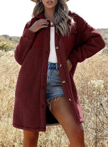 EVALESS Trendy Fuzzy Fleece Jackets for Women Comfy Long Teddy Coat Fall 2024 Long Sleeve Button Down Lapel Faux Fur Jacket Outerwear with Pockets Green Medium in Kuwait