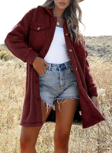 EVALESS Trendy Fuzzy Fleece Jackets for Women Comfy Long Teddy Coat Fall 2024 Long Sleeve Button Down Lapel Faux Fur Jacket Outerwear with Pockets Green Medium in Kuwait