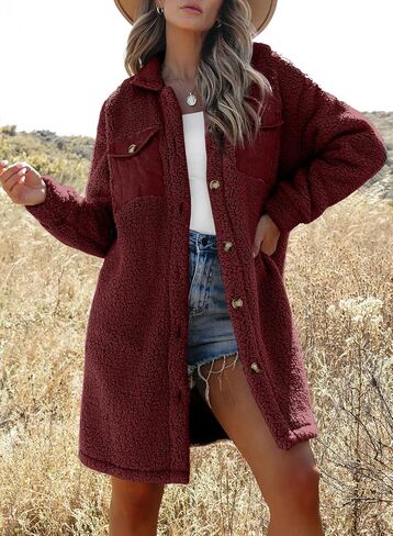 EVALESS Trendy Fuzzy Fleece Jackets for Women Comfy Long Teddy Coat Fall 2024 Long Sleeve Button Down Lapel Faux Fur Jacket Outerwear with Pockets Green Medium in Kuwait