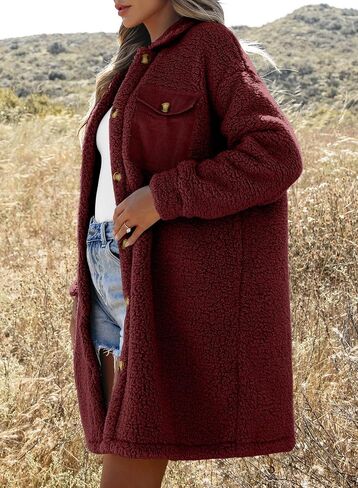 EVALESS Trendy Fuzzy Fleece Jackets for Women Comfy Long Teddy Coat Fall 2024 Long Sleeve Button Down Lapel Faux Fur Jacket Outerwear with Pockets Green Medium in Kuwait