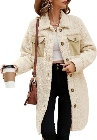 EVALESS Trendy Fuzzy Fleece Jackets for Women Comfy Long Teddy Coat Fall 2024 Long Sleeve Button Down Lapel Faux Fur Jacket Outerwear with Pockets Green Medium in Saudi Arabia