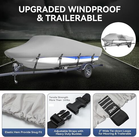 Heavy Duty 1200D Solution-Dyed Polyester Boat Cover with Storage Bag, 100% Waterproof Trailerable 17'-19' Bass Boat Cover with 3D Air Vents for V-Hull Tri-Hull Runabout Pro-Style Fishing Boat in Kuwait