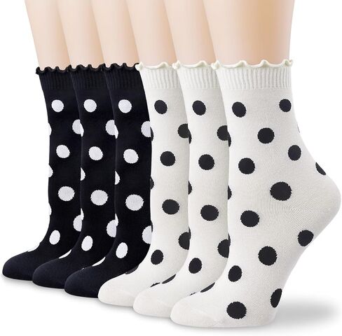 VIBCICY Ruffle Crew Socks For Women, Funny Frilly Polka Dot High Ankle Casual Cute Socks, Novelty Cotton Cartoon 6 Pack in Saudi Arabia