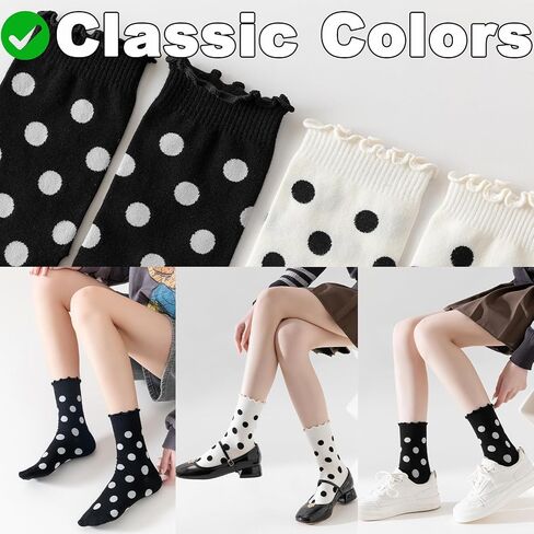 VIBCICY Ruffle Crew Socks For Women, Funny Frilly Polka Dot High Ankle Casual Cute Socks, Novelty Cotton Cartoon 6 Pack in Saudi Arabia