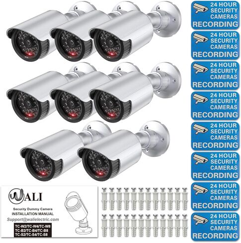 WALI Dummy Fake Simulated Surveillance Security CCTV Dome Camera Indoor Outdoor with One LED Light, Warning Security Alert Sticker Decal (TC-B8), 8 Packs, Black in Kuwait