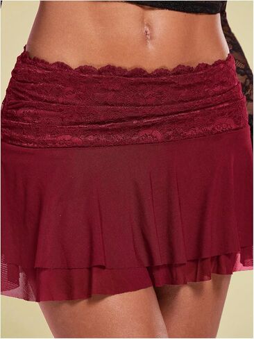 Women's Lace Ruched Ruffle Hem Skirts Low Waist Mesh A Line Mini Skirt Coquette Y2K Skirts in Saudi Arabia
