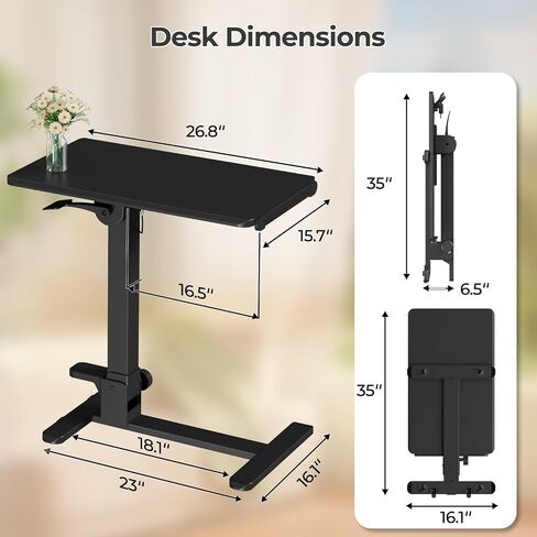 Foldable Mobile Standing Desk, 27 Inch Small Rolling Laptop Desk Height Adjustment, 90° Tiltable Bedside Table, No Assembly Needed Portable Computer Desk Workstation, White in Kuwait