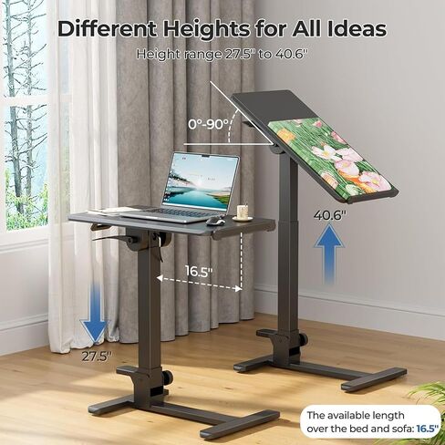 Foldable Mobile Standing Desk, 27 Inch Small Rolling Laptop Desk Height Adjustment, 90° Tiltable Bedside Table, No Assembly Needed Portable Computer Desk Workstation, White in Kuwait