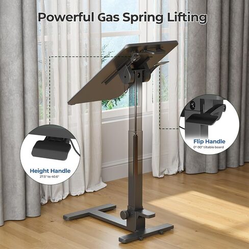 Foldable Mobile Standing Desk, 27 Inch Small Rolling Laptop Desk Height Adjustment, 90° Tiltable Bedside Table, No Assembly Needed Portable Computer Desk Workstation, White in Kuwait